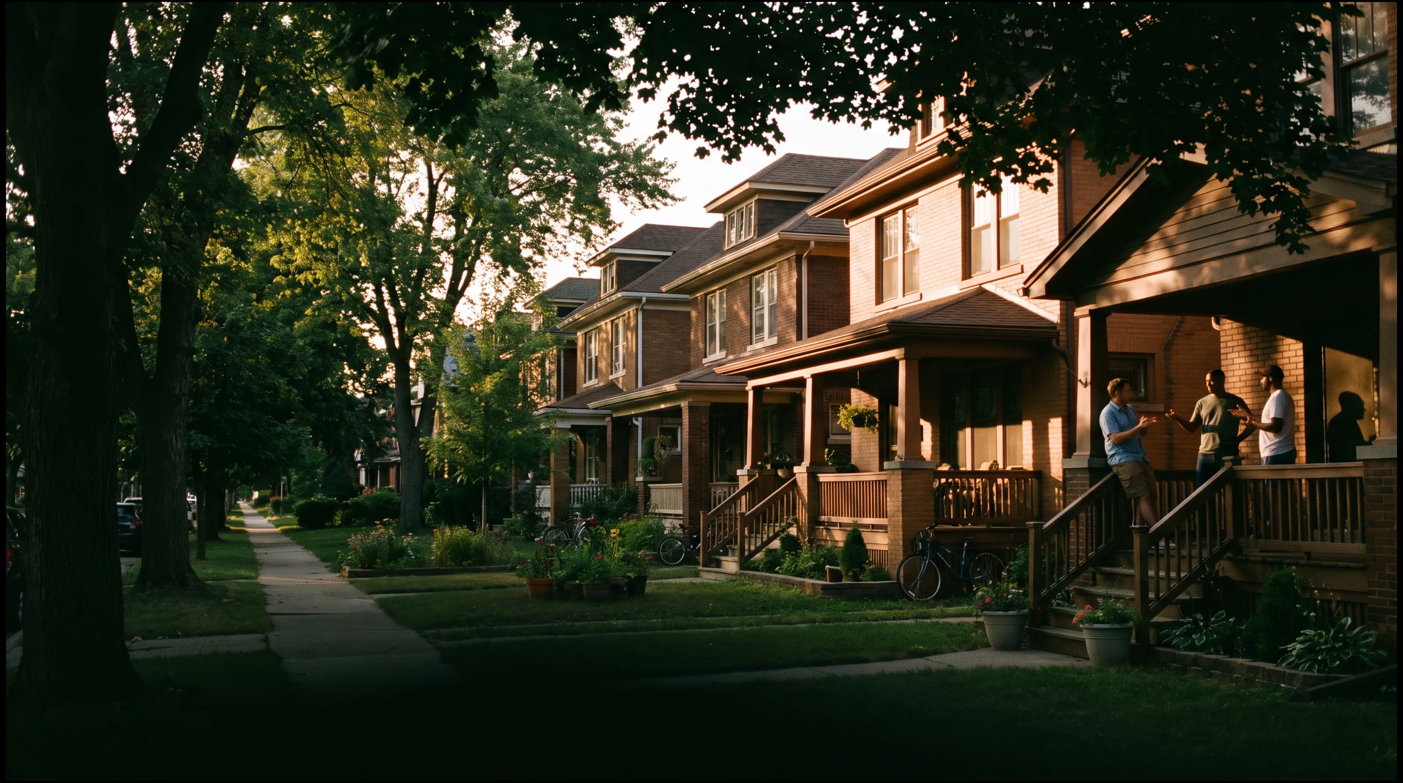 Neighbors talking on a front porch along a tree-lined residential street