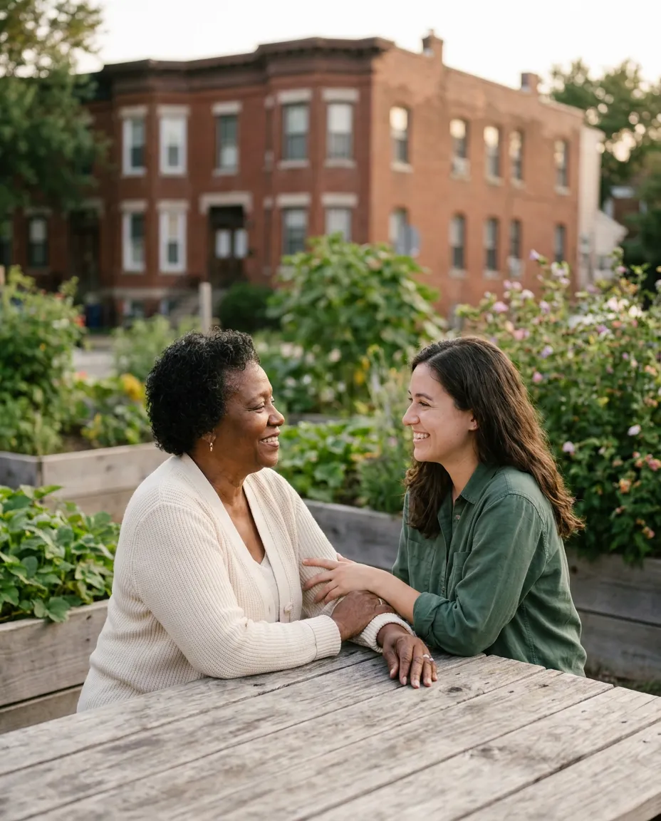Two women sharing a warm conversation in a neighborhood garden